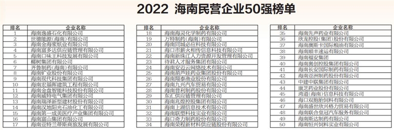 2022海南民营企业50强和研发投入20强榜单